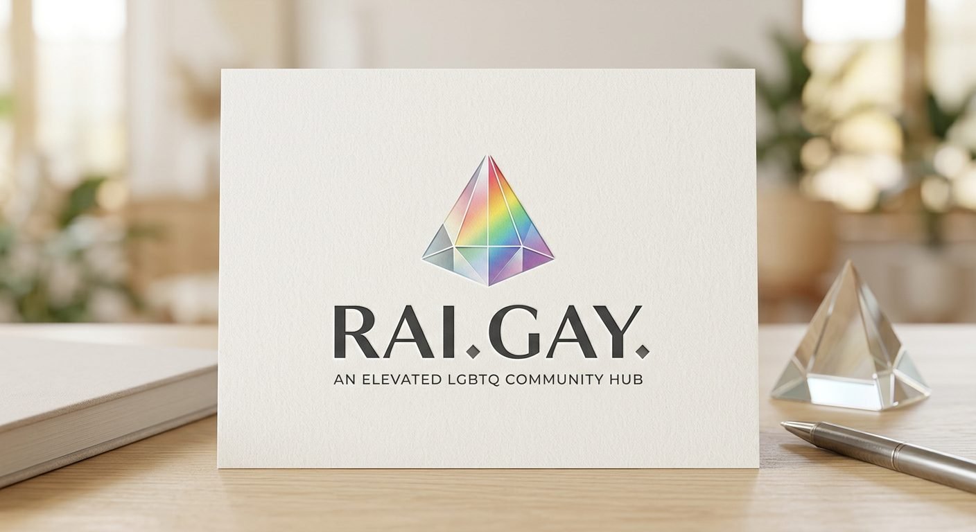 RAI.GAY concept — crystal prism with spectrum refraction on embossed card